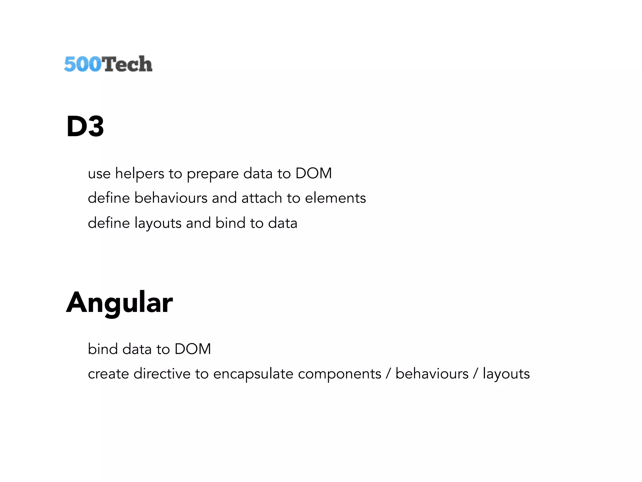 D3
use helpers to prepare data to DOM
define behaviours and attach to elements
define layouts and bind to data
Angular
bind data to DOM
create directive to encapsulate components / behaviours / layouts
 