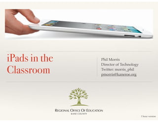 iPads in the
Classroom

Phil Morris!
Director of Technology!
Twitter: morris_phil!
pmorris@kaneroe.org

1 hour version

 