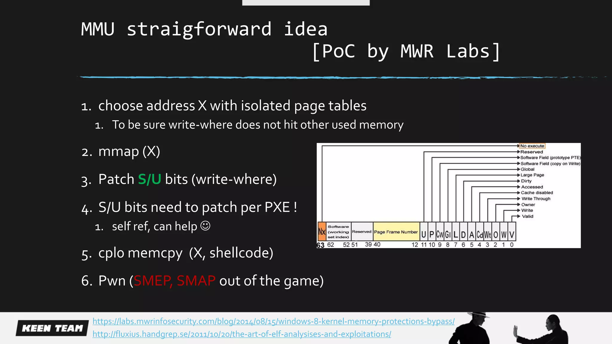 MMU straigforward idea
[PoC by MWR Labs]
1. choose address X with isolated page tables
1. To be sure write-where does not hit other used memory
2. mmap (X)
3. Patch S/U bits (write-where)
4. S/U bits need to patch per PXE !
1. self ref, can help 
5. cpl0 memcpy (X, shellcode)
6. Pwn (SMEP, SMAP out of the game)
https://labs.mwrinfosecurity.com/blog/2014/08/15/windows-8-kernel-memory-protections-bypass/
http://fluxius.handgrep.se/2011/10/20/the-art-of-elf-analysises-and-exploitations/
 