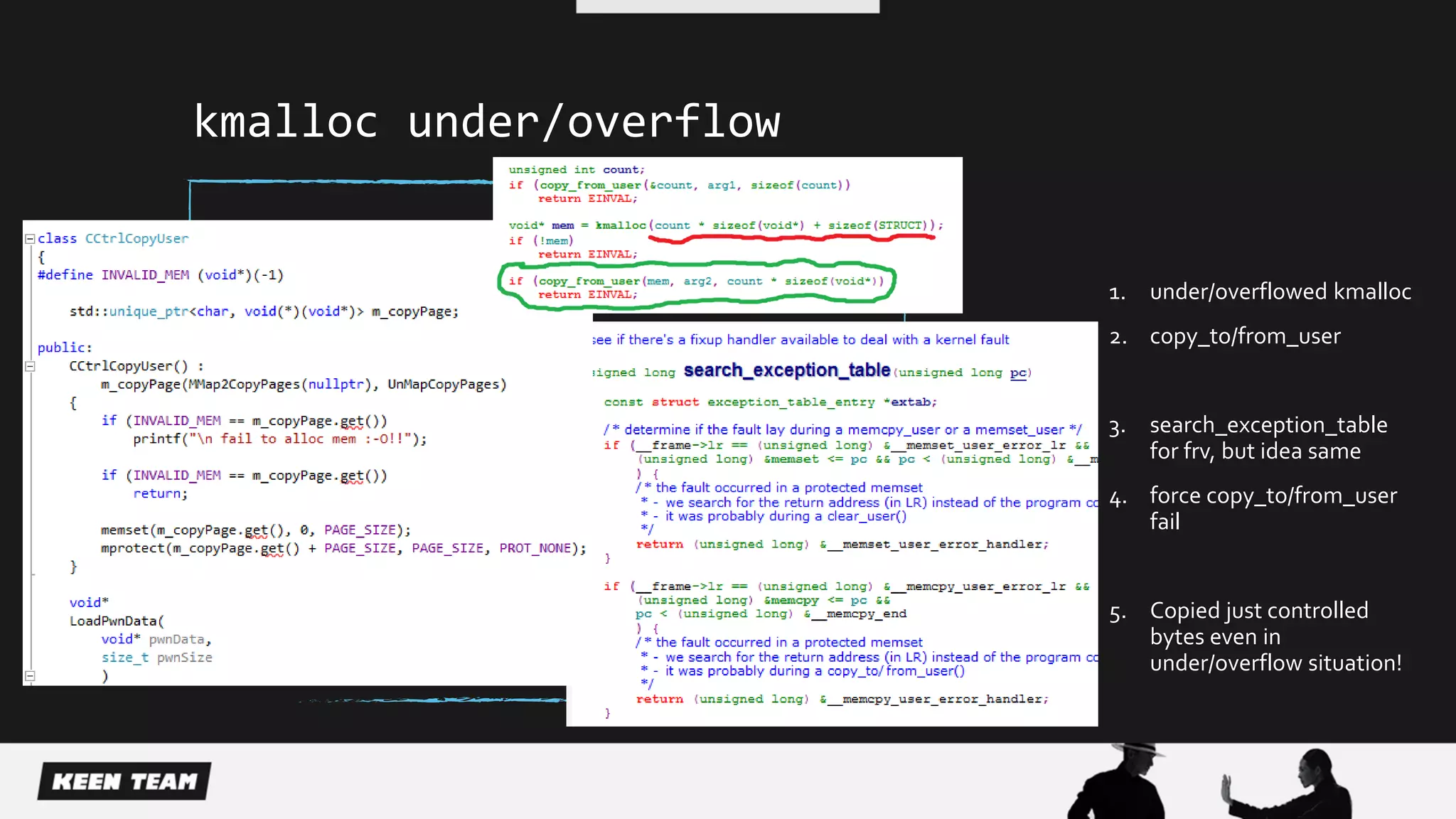 kmalloc under/overflow
1. under/overflowed kmalloc
2. copy_to/from_user
3. search_exception_table
for frv, but idea same
4. force copy_to/from_user
fail
5. Copied just controlled
bytes even in
under/overflow situation!
 