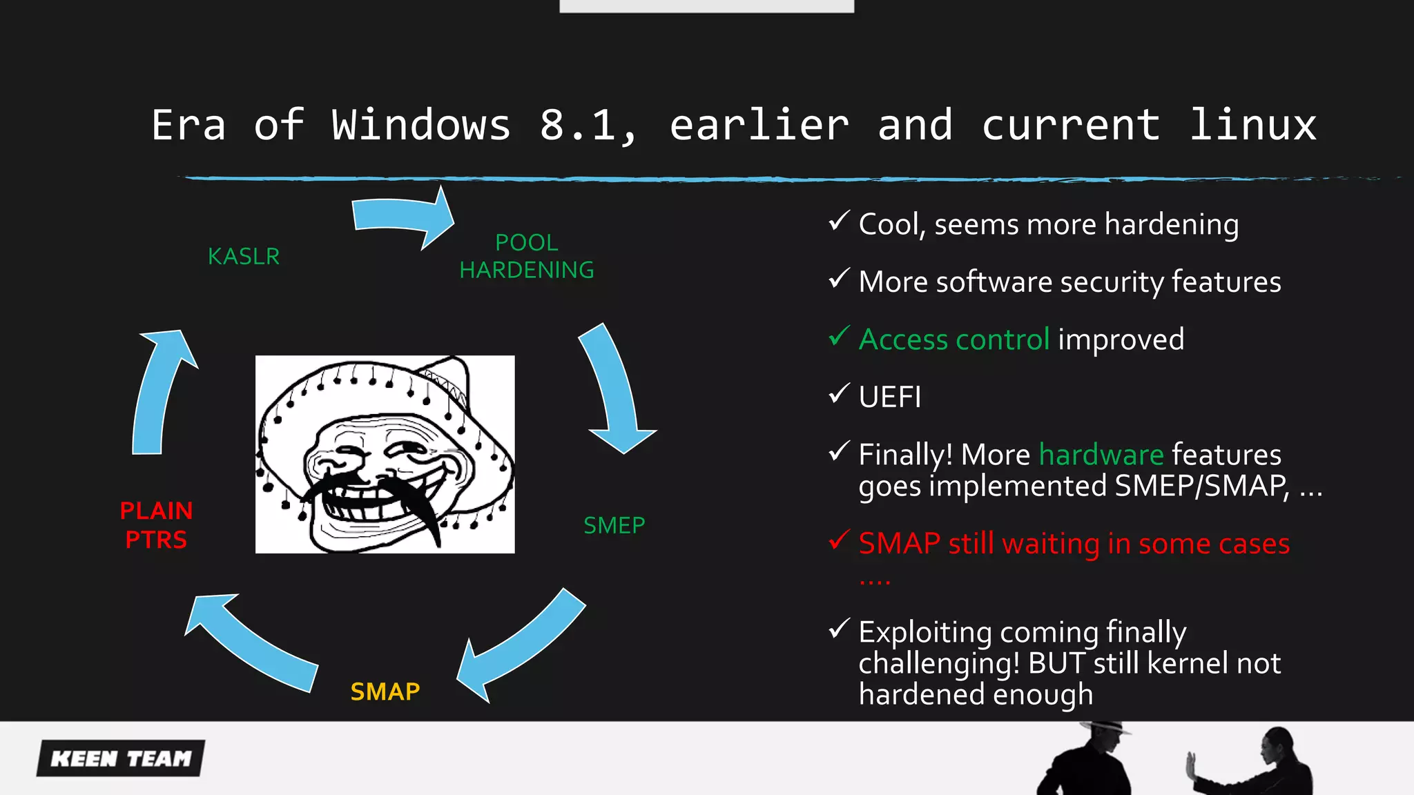 Era of Windows 8.1, earlier and current linux
POOL
HARDENING
SMEP
SMAP
PLAIN
PTRS
KASLR
 Cool, seems more hardening
 More software security features
 Access control improved
 UEFI
 Finally! More hardware features
goes implemented SMEP/SMAP, …
 SMAP still waiting in some cases
….
 Exploiting coming finally
challenging! BUT still kernel not
hardened enough
 