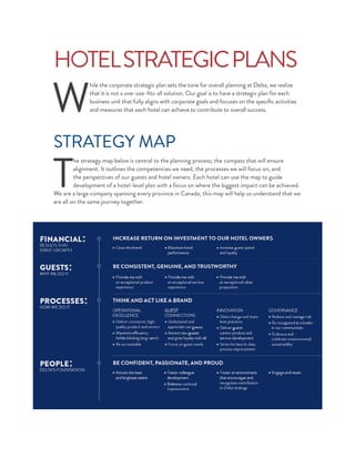 HOTELSTRATEGICPLANS
W
hile the corporate strategic plan sets the tone for overall planning at Delta, we realize
that it is not a one-size-ﬁts-all solution. Our goal is to have a strategic plan for each
business unit that fully aligns with corporate goals and focuses on the speciﬁc activities
and measures that each hotel can achieve to contribute to overall success.
STRATEGY MAP
T
he strategy map below is central to the planning process; the compass that will ensure
alignment. It outlines the competencies we need, the processes we will focus on, and
the perspectives of our guests and hotel owners. Each hotel can use the map to guide
development of a hotel-level plan with a focus on where the biggest impact can be achieved.
We are a large company spanning every province in Canada; this map will help us understand that we
are all on the same journey together.
 