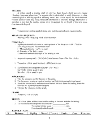 THEORY:
A certain speed, a rotating shaft or rotor has been found exhibit excessive lateral
vibrations (transverse vibrations). The angular velocity of the shaft at which this occurs is called
a critical speed or whirling speed or whipping speed. At a critical speed, the shaft deflection
becomes excessive and may cause permanent deformation or structural damage. Therefore it is
important to note that the machine should never be operated for any length of time at a speed
close to a critical speed.
AIM:
To determine whirling speed of single rotor shaft theoretically and experimentally.
APPARATUS REQUIRED:
Whirling speed setup, stop watch and tachometer.
FORMULAE:
1. Rigidity of the shaft calculated at centre position of the disc (c) = 48 EI/ L3
in N/m
E= Young’s Modulus =210000 in N/mm2
.
I = Moment of inertia = πd4
/64 in mm4
.
d= Diameter of the shaft = 6mm.
L= Distance between the length of the bearing in mm
2. Angular frequency (ω0) = (√(c/m)) in (1/s) where m= Mass of the disc = 1.0kg.
3. Theoretical critical speed Ncr(theo) = (30/π)x ω0 in rpm
4. Experimental critical speed Ncr(expt) = (Nu + No)/2
Nu= Under critical speed in rpm
No= Over critical speed in rpm.
PROCEDURE:
1. Take the apparatus and fix the rotor at the centre.
2. Fix the support bearing at required position and find the theoretical critical speed.
3. Rotate the shaft at under and over critical speeds and note down the reading, from that
calculate the experimental critical speed.
4. Tabulate the value and plot the graph.
GRAPH:
1. N cr (theo) Vs N cr (expt)
RESULT:
1. The critical speed will decrease with increasing in distance between the bearing
2. The maximum critical speed at a distance L= _____________ mm
Theoretical critical speed = _____________ rpm
Experimental critical speed = _____________ rpm
TABULATION:
S. Distance Rigidity Natural Theoreti Under Over Experime
8
 