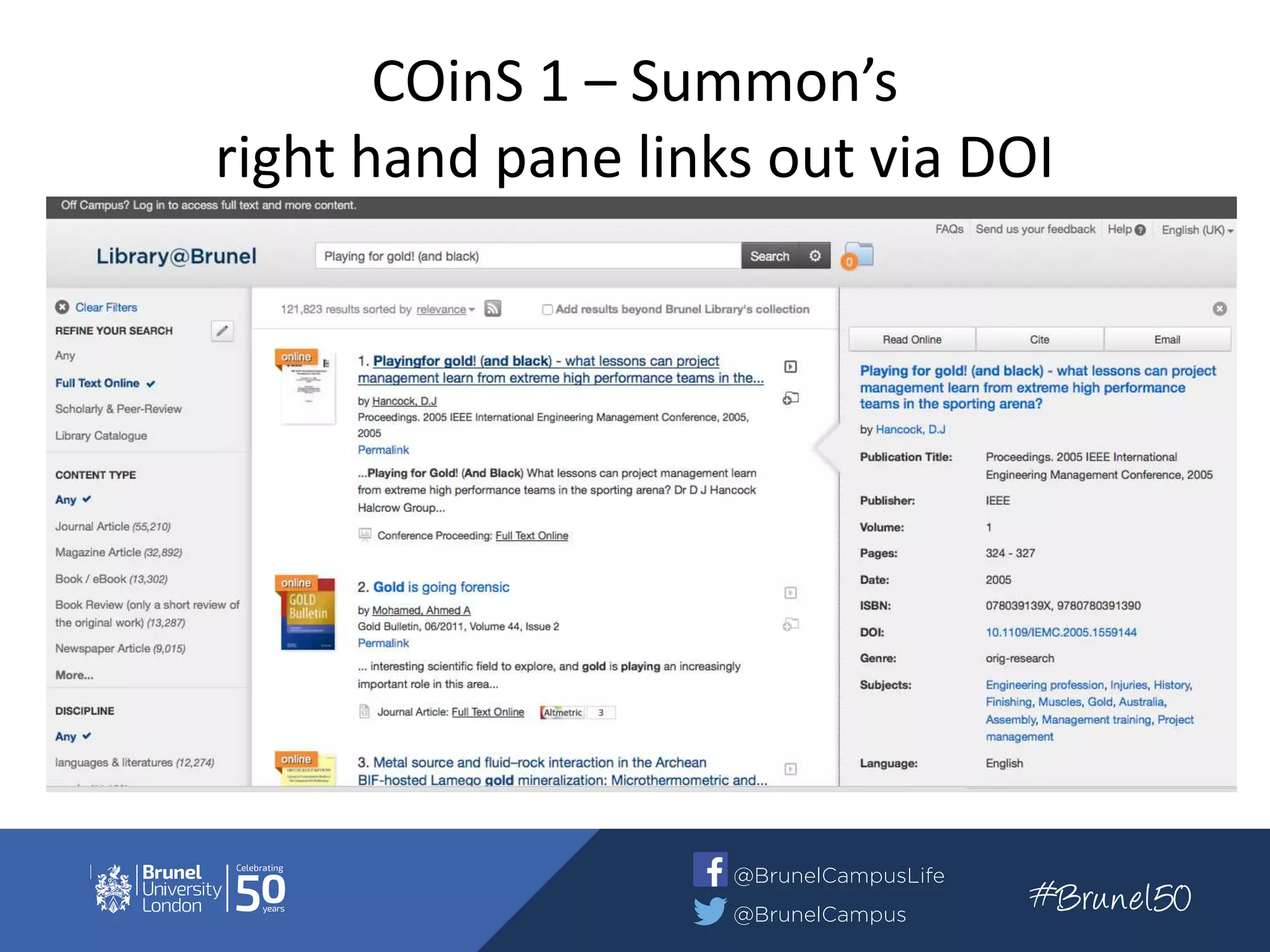 COinS 1 – Summon’s
right hand pane links out via DOI
 