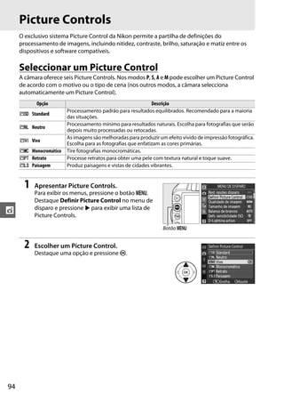 94
t
Picture Controls
O exclusivo sistema Picture Control da Nikon permite a partilha de definições do
processamento de imagens, incluindo nitidez, contraste, brilho, saturação e matiz entre os
dispositivos e software compatíveis.
Seleccionar um Picture Control
A câmara oferece seis Picture Controls. Nos modos P, S, A e M pode escolher um Picture Control
de acordo com o motivo ou o tipo de cena (nos outros modos, a câmara selecciona
automaticamente um Picture Control).
1 Apresentar Picture Controls.
Para exibir os menus, pressione o botão G.
Destaque Definir Picture Control no menu de
disparo e pressione 2 para exibir uma lista de
Picture Controls.
2 Escolher um Picture Control.
Destaque uma opção e pressione J.
Opção Descrição
Q Standard
Processamento padrão para resultados equilibrados. Recomendado para a maioria
das situações.
R Neutro
Processamento mínimo para resultados naturais. Escolha para fotografias que serão
depois muito processadas ou retocadas.
S Vivo
As imagens são melhoradas para produzir um efeito vívido de impressão fotográfica.
Escolha para as fotografias que enfatizam as cores primárias.
T Monocromático Tire fotografias monocromáticas.
e Retrato Processe retratos para obter uma pele com textura natural e toque suave.
f Paisagem Produz paisagens e vistas de cidades vibrantes.
Botão G
 