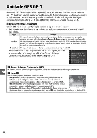 98
t
Unidade GPS GP-1
A unidade GPS GP-1 (disponível em separado) pode ser ligada ao terminal para acessórios
(0 177) da câmara usando o cabo fornecido com o GP-1, permitindo que as informações sobre
a posição actual da câmara sejam gravadas quando são tiradas as fotografias. Desligue a
câmara antes de conectar o GP-1; para obter mais informações, veja o manual GP-1.
❚❚ OpçõesdoMenudeConfiguração
O item GPS no menu de configuração contém as opções listadas abaixo.
• Desl. exposím. auto.: Escolha se os exposímetros desligam automaticamente quando o GP-1
está ligado.
• Posição: Este item só está disponível se o GP-1 está ligado, quando
apresenta a latitude, longitude, altitude e Tempo Universal
Coordenado (UTC) atuais, como informado pelo GP-1.
Opção Descrição
Activar
Os exposímetros desligam automaticamente se não forem executadas operações
durante o tempo seleccionado para Temp. desligar auto. no menu de configuração
(0 143; para dar tempo à câmara para recolher os dados de GPS, o atraso é aumentado
em até um minuto depois de os exposímetros serem activados ou a câmara ser ligada).
Isto reduz o consumo da bateria.
Desactivar Os exposímetros não se desligam enquanto estiver ligado o GP-1.
A Tempo Universal Coordenado (UTC)
Os dados UTC são fornecidos pelo dispositivo GPS e são independentes do relógio da câmara.
A Ícone h
O status da ligação é mostrado pelo ícone h:
• h (estático): A câmara estabeleceu uma comunicação com o GP-1. As
informações da fotografia para as fotos tiradas enquanto este ícone é
apresentado incluem uma página adicional dos dados do GPS (0 104).
• h (intermitente): O GP-1 está à procurade um sinal. As fotografias tiradas
enquanto o ícone está à piscar não incluem os dados GPS.
• Nenhumícone: Nenhum dado GPS novo foi recebido do GP-1 por, pelo menos,
dois segundos. As fotografias tiradas quando o ícone h não é exibido, não incluem os dados GPS.
 