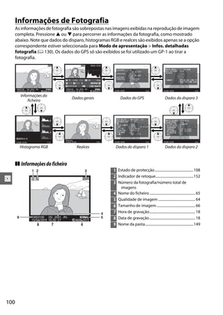 100
I
Informações de Fotografia
As informações de fotografia são sobrepostas nas imagens exibidas na reprodução de imagem
completa. Pressione 1 ou 3 para percorrer as informações da fotografia, como mostrado
abaixo. Note que dados do disparo, histogramas RGB e realces são exibidos apenas se a opção
correspondente estiver seleccionada para Modo de apresentação > Infos. detalhadas
fotografia (0 130). Os dados do GPS só são exibidos se foi utilizado um GP-1 ao tirar a
fotografia.
❚❚ Informaçõesdoficheiro
Informações do
ficheiro
Dados gerais Dados do GPS Dados do disparo 3
Histograma RGB Realces Dados do disparo 1 Dados do disparo 2
1 Estado de protecção............................................108
2 Indicador de retoque...........................................152
3 Número da fotografia/número total de
imagens
4 Nome do ficheiro.................................................... 65
5 Qualidade de imagem .......................................... 64
6 Tamanho de imagem............................................ 66
7 Hora de gravação.................................................... 18
8 Data de gravação.................................................... 18
9 Nome da pasta.......................................................149
100D3100
15/04/2010 10: 02 :27
DSC_0001. JPG
1/ 12
4608x3072
NNORORMALAL 100D3100 DSC_0001. JPG
1/ 250 F11 100 35mm
15/04/2010 10: 02:27 4608x3072
NORORMALAL
AUTO A6,M1
–1. 3 +1. 0
NIKON D31001/ 12
LATITUDE
LONGITUDE
ALTITUDE
TIME(UTC)
: N
: 35º 36. 371'
: E
: 139º 43. 696'
: 35m
: 15/04/2010
: 01:15:29
NIKON D3100 1/12
NOI SE REDUC.
ACT. D–L I GHT.
RETOUCH
COMMENT
:HI ISO, NORM
:AUTO
:
: SPRING HAS COME. SP
RING HAS COME. 3636
NIKON D3100 1/12
N I KON D3100 1/ 12 1/12NIKON D3100
Real ces
1/12NIKON D3100
MTR, SPD, AP.
EXP. MODE, I SO
FOCAL LENGTH
LENS
AF / VR
FLASH TYPE
SYNC MODE
,
: , 1/ 250 ,F11
: , 100
: –1. 3
: 35mm
: 18–55 /3. 5–5. 6
: A / VR–On
: Bu i l t – i n
:
: TTL , +1. 0
NIKON D3100
WHITE BALANCE
COLOR SPACE
PICTURE CTRL
QUICK ADJUST
SHARPENING
CONTRAST
BRIGHTNESS
SATURATION
HUE
: AUTO, A6, M1
: sRGB
: STANDARD
: 0
: 3
: ACT. D-L I GHT.
: ACT. D-L I GHT.
:0
:0
1/12
100D3100
15/04/2010 10: 02 :27
DSC_0001. JPG
1/12
4608x3072
NNORORMALAL9
8 7
4
1 2 3
6
5
 