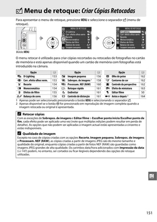 151
u
N Menu de retoque: CriarCópiasRetocadas
Para apresentar o menu de retoque, pressione G e seleccione o separador N (menu de
retoque).
O menu retocar é utilizado para criar cópias recortadas ou retocadas de fotografias no cartão
de memória e está apenas disponível quando um cartão de memória com fotografias está
introduzido na câmara.
Botão G
Opção 0 Opção 0 Opção 0
i D-Lighting 153 0 Imagem pequena 156 ) Olho de peixe 162
j Corr. efeito olhos verm. 153 o Sobrepos. de imagens1 158 q Contorno de cor 162
k Recorte 154 % Processam. NEF (RAW) 160 r Controlo da perspectiva 162
l Monocromático 154 & Retoque rápido 161 u Efeito de miniatura 163
m Efeitos de filtro 155 ' Endireitar 161 t Editar filme 50
n Balanço de cores 156 ( Controlo de distorção 161 p Antes e depois2 164
1 Apenas pode ser seleccionado pressionando o botão G e seleccionando o separador N.
2 Apenas disponível se o botão J for pressionado em reprodução de imagem completa quando a
imagem retocada ou original é apresentada.
A Retocar cópias
Com as exceções de Sobrepos. de imagens e Editar filme > Escolher ponto início/Escolher ponto de
fim, cada efeito pode ser aplicado uma vez (note que múltiplas edições podem resultar em perda de
detalhe). As opções que não podem ser aplicadas à imagem actual estão apresentadas a cinzento e
estão indisponíveis.
A Qualidade de imagem
Excepto no caso de cópias criadas com as opções Recorte, Imagem pequena, Sobrepos. de imagens
e Processam. NEF (RAW), as cópias criadas a partir de imagens JPEG são do mesmo tamanho e
qualidade do original, enquanto cópias criadas a partir de fotos NEF (RAW) são guardadas como
imagens JPEG grandes de alta qualidade. Os carimbos data/hora adicionados com Impressão da data
(0 147) podem, no entanto, ser cortados ou ficar ilegíveis dependendo das opções de retoque
utilizadas.
 