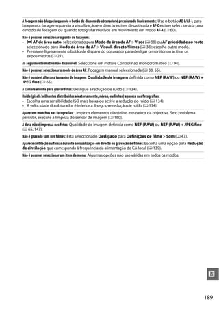 189
n
A focagem não bloqueia quando o botão de disparo do obturador é pressionado ligeiramente: Use o botão AE-L/AF-L para
bloquear a focagem quando a visualização em directo estiver desactivada e AF-C estiver seleccionada para
o modo de focagem ou quando fotografar motivos em movimento em modo AF-A (0 60).
Não é possível seleccionar o ponto de focagem:
• e AF de área auto. seleccionado para Modo de área de AF > Visor (0 58) ou AFprioridade ao rosto
seleccionado para Modo de área de AF > Visual. directo/filmes (0 38): escolha outro modo.
• Pressione ligeiramente o botão de disparo do obturador para desligar o monitor ou activar os
exposímetros (0 27).
AF seguimento motivo não disponível: Seleccione um Picture Control não monocromático (0 94).
Não é possível seleccionar o modo de área AF: Focagem manual seleccionada (0 38, 55).
Nãoépossívelalterarotamanhodeimagem: Qualidade de imagem definida como NEF (RAW) ou NEF (RAW) +
JPEG fine (0 65).
A câmara é lenta para gravar fotos: Desligue a redução de ruído (0 134).
Ruído (pixels brilhantes distribuídos aleatoriamente, névoa, ou linhas) aparece nas fotografias:
• Escolha uma sensibilidade ISO mais baixa ou active a redução do ruído (0 134).
• A velocidade do obturador é inferior a 8 seg.: use redução de ruído (0 134).
Aparecem manchas nas fotografias: Limpe os elementos dianteiros e traseiros da objectiva. Se o problema
persistir, execute a limpeza do sensor de imagem (0 180).
A data não é impressa nas fotos: Qualidade de imagem definida como NEF (RAW) ou NEF (RAW) + JPEG fine
(0 65, 147).
Não é gravado som nos filmes: Está seleccionado Desligado para Definições de filme > Som (0 47).
Aparececintilaçãooufaixasduranteavisualizaçãoemdirectoougravaçãodefilmes: Escolha uma opção para Redução
de cintilação que corresponda à frequência da alimentação de CA local (0 139).
Não é possível seleccionar um item do menu: Algumas opções não são válidas em todos os modos.
 