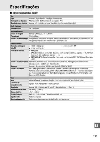 195
n
Especificações
❚❚ CâmaradigitalNikonD3100
Tipo
Tipo Câmara digital reflex de objectiva simples
Montagem da objectiva Montagem F da Nikon (com contactos AF)
Ângulo de visão efectivo Aprox. 1,5 × distância focal da objectiva (formato Nikon DX)
Pixels efectivos
Pixels efectivos 14,2 milhões
Sensor de imagem
Sensor de imagem Sensor CMOS 23,1 × 15,4 mm
Pixels totais 14,8 milhões
Sistema de redução de pó Limpeza do sensor de imagem, dados de referência para remoção de manchas na
imagem (é necessário o software Capture NX 2)
Armazenamento
Tamanho de imagem
(pixels)
• 4608 × 3072 (L) • 3456 × 2304 (M)
• 2304 × 1536 (S)
Formato de ficheiro • NEF (RAW)
• JPEG: Compatível com JPEG-Baseline com compressão fina (aprox. 1 : 4), normal
(aprox. 1 : 8), ou básica (aprox. 1 : 16)
• NEF(RAW)+JPEG: Cada fotografia é gravada em formato NEF (RAW) e em formato
JPEG
Sistema de Picture Control Standard, Neutro, Vivo, Monocromático, Retrato, Paisagem; Picture Control
seleccionados podem ser modificados
Suportes Cartões de memória SD (Secure Digital), SDHC e SDXC
Sistema de ficheiros DCF (Design Rule for Camera File System – Norma de design de sistema de
ficheiro para câmaras) 2.0, DPOF (Digital Print Order Format – Formato de ordem
de impressão digital), Exif 2.21 (Exchangeable Image File Format for Digital Still
Cameras), PictBridge
Visor
Visor Visor reflex de objectiva simples com penta-espelho ao nível do olho
Cobertura do
enquadramento
Aprox. 95 % horizontal e 95 % vertical
Ampliação Aprox. 0,8 × (objectiva 50 mm f/1.4 em infinito, –1,0 m–1)
Ponto de visão do olho 18 mm (–1,0 m–1)
Ajuste dióptrico –1,7–+0,5 m–1
Ecrã de focagem Tela tipo B BriteView Clear Matte Mark VII
Espelho reflex Retorno rápido
Abertura da objectiva Retorno instantâneo, controlado electronicamente
 