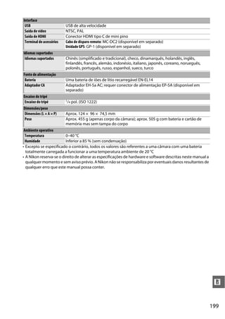 199
n
• Excepto se especificado o contrário, todos os valores são referentes a uma câmara com uma bateria
totalmente carregada a funcionar a uma temperatura ambiente de 20 °C
• A Nikon reserva-se o direito de alterar as especificações de hardware e software descritas neste manual a
qualquer momento e sem aviso prévio. A Nikon não se responsabiliza por eventuais danos resultantes de
qualquer erro que este manual possa conter.
Interface
USB USB de alta velocidade
Saída de vídeo NTSC, PAL
Saída de HDMI Conector HDMI tipo C de mini pino
Terminal de acessórios Cabo de disparo remoto: MC-DC2 (disponível em separado)
Unidade GPS: GP-1 (disponível em separado)
Idiomas suportados
Idiomas suportados Chinês (simplificado e tradicional), checo, dinamarquês, holandês, inglês,
finlandês, francês, alemão, indonésio, italiano, japonês, coreano, norueguês,
polonês, português, russo, espanhol, sueco, turco
Fonte de alimentação
Bateria Uma bateria de iões de lítio recarregável EN-EL14
Adaptador CA Adaptador EH-5a AC; requer conector de alimentação EP-5A (disponível em
separado)
Encaixe do tripé
Encaixe do tripé 1/4 pol. (ISO 1222)
Dimensões/peso
Dimensões(L ×A×P) Aprox. 124 × 96 × 74,5 mm
Peso Aprox. 455 g (apenas corpo da câmara); aprox. 505 g com bateria e cartão de
memória mas sem tampa do corpo
Ambiente operativo
Temperatura 0–40 °C
Humidade Inferior a 85 % (sem condensação)
 