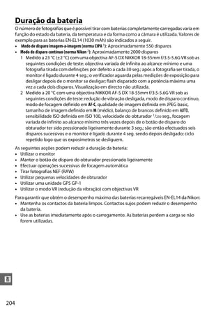 204
n
Duração da bateria
O número de fotografias que é possível tirar com baterias completamente carregadas varia em
função do estado da bateria, da temperatura e da forma como a câmara é utilizada. Valores de
exemplo para as baterias EN-EL14 (1030 mAh) são indicados a seguir.
• Modo de disparo imagem-a-imagem (norma CIPA1): Aproximadamente 550 disparos
• Modo de disparo contínuo (norma Nikon2): Aproximadamente 2000 disparos
1 Medido a 23 °C (±2 °C) com uma objectiva AF-S DX NIKKOR 18-55mm f/3.5-5.6G VR sob as
seguintes condições de teste: objectiva variada de infinito ao alcance mínimo e uma
fotografia tirada com definições por defeito a cada 30 seg.; após a fotografia ser tirada, o
monitor é ligado durante 4 seg.; o verificador aguarda pelas medições de exposição para
desligar depois de o monitor se desligar; flash disparado com a potência máxima uma
vez a cada dois disparos. Visualização em directo não utilizada.
2 Medido a 20 °C com uma objectiva NIKKOR AF-S DX 18-55mm f/3.5-5.6G VR sob as
seguintes condições de teste: redução de vibração desligada, modo de disparo contínuo,
modo de focagem definido em AF-C, qualidade de imagem definida em JPEG basic,
tamanho de imagem definido em M (médio), balanço de brancos definido em v,
sensibilidade ISO definida em ISO 100, velocidade do obturador 1/250 seg., focagem
variada de infinito ao alcance mínimo três vezes depois de o botão de disparo do
obturador ter sido pressionado ligeiramente durante 3 seg.; são então efectuados seis
disparos sucessivos e o monitor é ligado durante 4 seg. sendo depois desligado; ciclo
repetido logo que os exposímetros se desliguem.
As seguintes acções podem reduzir a duração da bateria:
• Utilizar o monitor
• Manter o botão de disparo do obturador pressionado ligeiramente
• Efectuar operações sucessivas de focagem automática
• Tirar fotografias NEF (RAW)
• Utilizar pequenas velocidades de obturador
• Utilizar uma unidade GPS GP-1
• Utilizar o modo VR (redução da vibração) com objectivas VR
Para garantir que obtém o desempenho máximo das baterias recarregáveis EN-EL14 da Nikon:
• Mantenha os contactos da bateria limpos. Contactos sujos podem reduzir o desempenho
da bateria.
• Use as baterias imediatamente após o carregamento. As baterias perdem a carga se não
forem utilizadas.
 