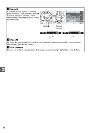 82
t
A Botão E
A compensação de exposição também
pode ser definida pressionando o botão E
e girando o disco de controlo. O valor
seleccionado é mostrado no visor e no ecrã
de informações.
Botão E Disco de
controlo
–0.3 EV +2 EV
A Modo M
No modo M, a compensação de exposição afecta apenas o indicador da exposição; a velocidade do
obturador e a abertura não mudam.
A Usar um Flash
Quando usa um flash, a compensação de exposição afecta a exposição do fundo e o nível de flash.
 