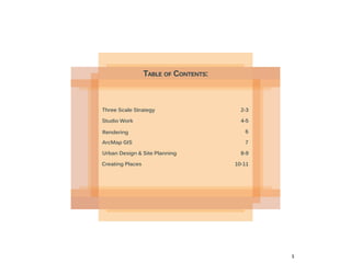 1
Three Scale Strategy
Studio Work
Rendering
ArcMap GIS
Creating Places
Urban Design & Site Planning
2-3
4-5
6
7
8-9
10-11
Table of Contents:
 