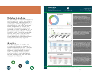 3
Statistics & Analysis:
The document to the left is an example of a
statistics report that I sent to several clients
on a monthly basis. The report serves as a
dashboard of statistical highlights from the
clients interactive map. I also performed
market share analysis for hospitals and
universities. For example, I looked at 50
universities in Ohio to compare the 2012 vs.
2014 percentages of institutions that had
interactive maps. In 2012 the percentage
was 15%, and in 2014 it was 44%. I also
did a similar study for hospitals. These
studies helped shape the marketing team’s
strategies for each market segment.
Graphics:
I was able to explore my creative side
at Three Scale Strategy by designing the
statistics dashboard to the right. I was also
able to contribute by designing icons for
interactive maps on several occasions.
Lastly, I was able to voice my opinion
on several projects including our global
tax map, mapping icons, and base map
designs for several clients.
 
