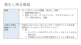 発生し得る脅威
53
脅威 • サーバ内ファイルの閲覧、改ざん、削除
• 重要情報の漏えい
• 設定ファイル、データファイル、プログラムのソース
コード等の改ざん、削除
注意が必要な
WEBサイトの
特徴
• 外部からのパラメータにウェブサーバ内のファイル名を直
接指定しているウェブアプリケーション
• 例：
• ウェブページのデザインテンプレートをファイルから
読み込む
• 利用者からの入力内容を指定のファイルへ書き込む
 