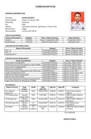 CURRICULUM VITAE
PERSONALINFORMATION
Full Name : RUBIO SITORUS
Place& of Birth : Dumai, 14 January 1984
Nationality : Indonesia
Sex : Male
Address : Jayamukti, Jl.Kesuma. Gg.Cendana 2. Dumai- Riau
Marital Status : Single
Phone Number : +62 812 100 700 26
TRAVELDOCUMENT
Name of Document Number Place / Date of Issued Date of Expiry
Passport V 810360 Dumai, 15 september 2010 15 september 2015
Seaman Book C 023107 Dumai, 09 Januari 2014 08 Januari 2017
CERTIFICATEOFCOMPETENCY
Name of Document Number Place / Date of Issued
ATT – D 6201298167T60210 Jakarta, 10 Agustus 2010
ATT – V 6201298167T50213 Jakarta, 29 Oktober 2013
Endorsement V 6201298167TE0213 Jakarta, 29 Oktober 2013
CERTIFICATEOFPROFICIENCY
Name of Certificate Number Place / Date of Issued
Basic Safety Training (BST) 6201298167010310 Semarang, 19April 2010
Proficiency SurvivalCraft and Rescue Boat (SCRB) 6201298167040310 Semarang, 22April 2010
Advanced Fire Fighting (AFF) 6201298167060112 Jakarta, 29 Oktober 2012
Medical First Aid (MFA) 6201298167070212 Jakarta, 15 Oktober 2012
International Safety Management Code (ISM code) 4030906026613 Jakarta, 01 July 2013
Tanker Familiarization (TF) 6201298167090112 Jakarta, 23 November 2012
Medical Care On Board Ship (MC) 6201298167080213 Jakarta, 27 june 2013
Ship Security Officer(SSO) 6201298167240213 Jakarta, 03 July 2013
Oil Tanker Specialized Training Programme (OT) 6201298167100213 Jakarta, 09 July 2013
Engine Room Resource Management (ERM) 6201298167270213 Jakarta, 15 July 2013
SEASERVICE
Name of Vessel Type
Vessel
Rank SHIP
GRT/HP
Sign On Sign Off Company
MV. Indomal
Express 8
Passenger Oiler 148/3x1200 18.08.10 23.08.11 LIB ( Lestari Indoma
Bahari)
TB. Pandawa Jaya Tug and
Barge /CPO
Oiler 147/1200 23.08.11 17.09.12 SMK ( Sumber Mahtera
Kencana )
TB. Kaluga Laut Tug and
Barge /CPO
Oiler 253/2x1000 07.10.13 09.01.14 SMK ( Sumber Mahtera
Kencana )
TB. Johan Jaya108 Tug and
Barge
2Nd
Engineer
216/2x1030 09.01.14 23.04.14 KJS ( Kapuas Jaya
Samudera)
TB. Eagle 1 Tug and
Barge/CPO
2Nd
Engineer
120/2x350
KW
23.04.14 30.08.14 IBMP(InterBenua Medan
Perkasa)
Your Faithfully
RUBIO SITORUS
 