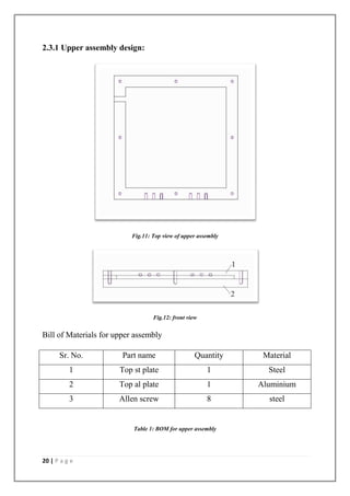 20 | P a g e
2.3.1 Upper assembly design:
Fig.11: Top view of upper assembly
Fig.12: front view
Bill of Materials for uppe...
