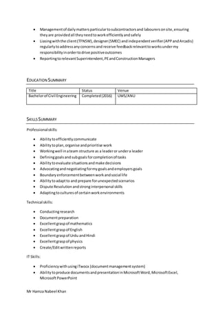 Mr Hamza Nabeel Khan
 Managementof dailymattersparticulartosubcontractorsand labourersonsite,ensuring
theyare providedall theyneedtoworkefficientlyandsafely
 Liasingwiththe client(TFNSW),designer(SMEC) andindependentverifier(APPandArcadis)
regularlytoaddressanyconcernsand receive feedbackrelevanttoworksundermy
responsibilityinordertodrive positiveoutcomes
 ReportingtorelevantSuperintendent,PEandConstructionManagers
EDUCATION SUMMARY
Title Status Venue
Bachelorof Civil Engineering Completed(2016) UWS/ANU
SKILLSSUMMARY
Professionalskills:
 Abilitytoefficientlycommunicate
 Abilitytoplan,organise andprioritise work
 Workingwell inateam structure as a leaderor undera leader
 Defininggoalsand subgoals forcompletionof tasks
 Abilitytoevaluate situationsandmake decisions
 Advocatingandnegotiatingformygoalsandemployersgoals
 Boundaryenforcementbetweenworkandsocial life
 Abilitytoadaptto and prepare forunexpectedscenarios
 Dispute Resolution andstronginterpersonal skills
 Adaptingtoculturesof certainworkenvironments
Technical skills:
 Conductingresearch
 Documentpreparation
 Excellentgraspof mathematics
 Excellentgraspof English
 Excellentgraspof Urdu andHindi
 Excellentgraspof physics
 Create/Editwrittenreports
IT Skills:
 ProficiencywithusingiTwocx (documentmanagementsystem)
 Abilitytoproduce documentsandpresentationinMicrosoftWord,MicrosoftExcel,
MicrosoftPowerPoint
 