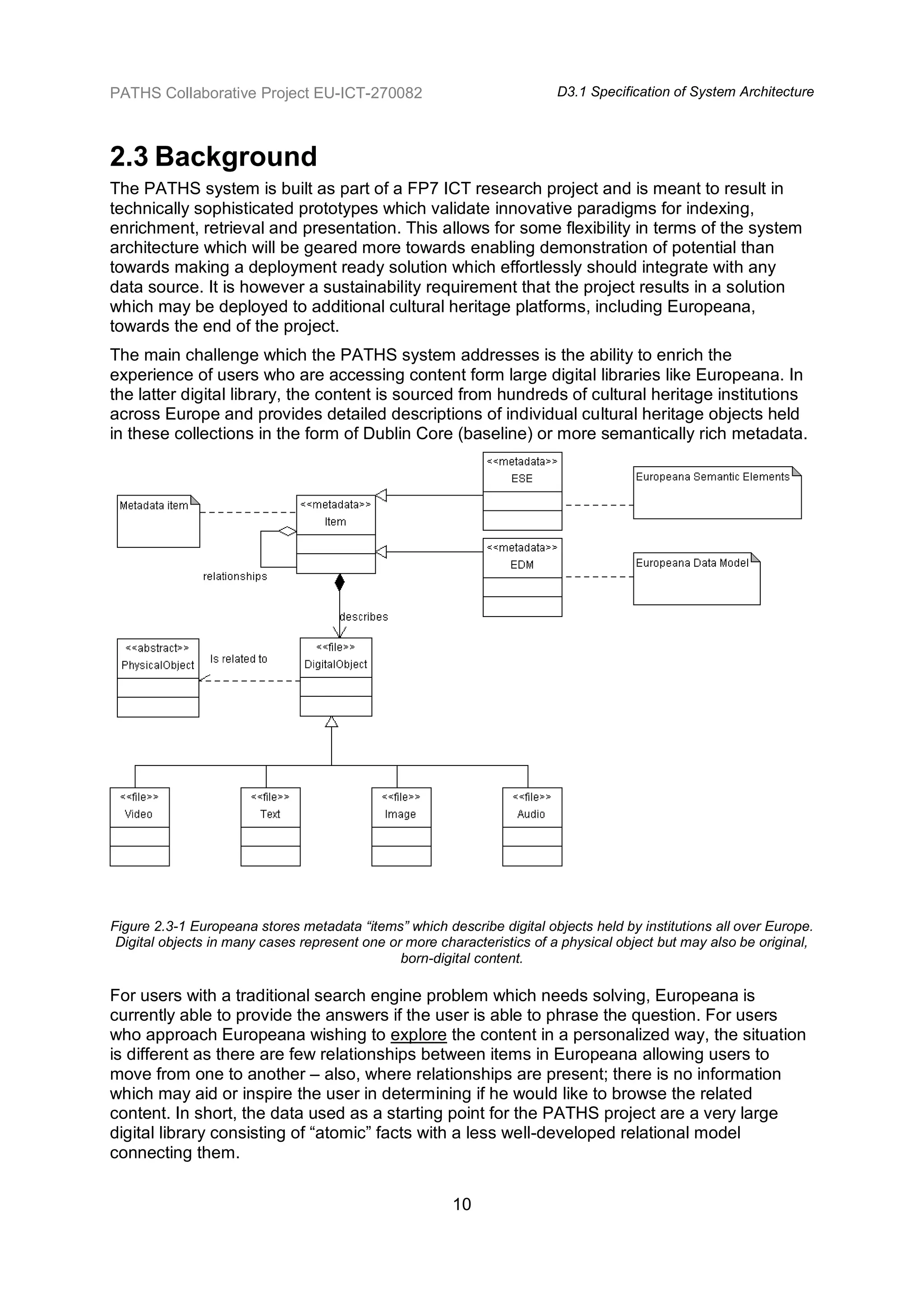 PATHS Collaborative Project EU-ICT-270082                                D3.1 Specification of System Architecture



2.3 Background
The PATHS system is built as part of a FP7 ICT research project and is meant to result in
technically sophisticated prototypes which validate innovative paradigms for indexing,
enrichment, retrieval and presentation. This allows for some flexibility in terms of the system
architecture which will be geared more towards enabling demonstration of potential than
towards making a deployment ready solution which effortlessly should integrate with any
data source. It is however a sustainability requirement that the project results in a solution
which may be deployed to additional cultural heritage platforms, including Europeana,
towards the end of the project.
The main challenge which the PATHS system addresses is the ability to enrich the
experience of users who are accessing content form large digital libraries like Europeana. In
the latter digital library, the content is sourced from hundreds of cultural heritage institutions
across Europe and provides detailed descriptions of individual cultural heritage objects held
in these collections in the form of Dublin Core (baseline) or more semantically rich metadata.




Figure 2.3-1 Europeana stores metadata “items” which describe digital objects held by institutions all over Europe.
 Digital objects in many cases represent one or more characteristics of a physical object but may also be original,
                                               born-digital content.

For users with a traditional search engine problem which needs solving, Europeana is
currently able to provide the answers if the user is able to phrase the question. For users
who approach Europeana wishing to explore the content in a personalized way, the situation
is different as there are few relationships between items in Europeana allowing users to
move from one to another – also, where relationships are present; there is no information
which may aid or inspire the user in determining if he would like to browse the related
content. In short, the data used as a starting point for the PATHS project are a very large
digital library consisting of “atomic” facts with a less well-developed relational model
connecting them.


                                                       10
 