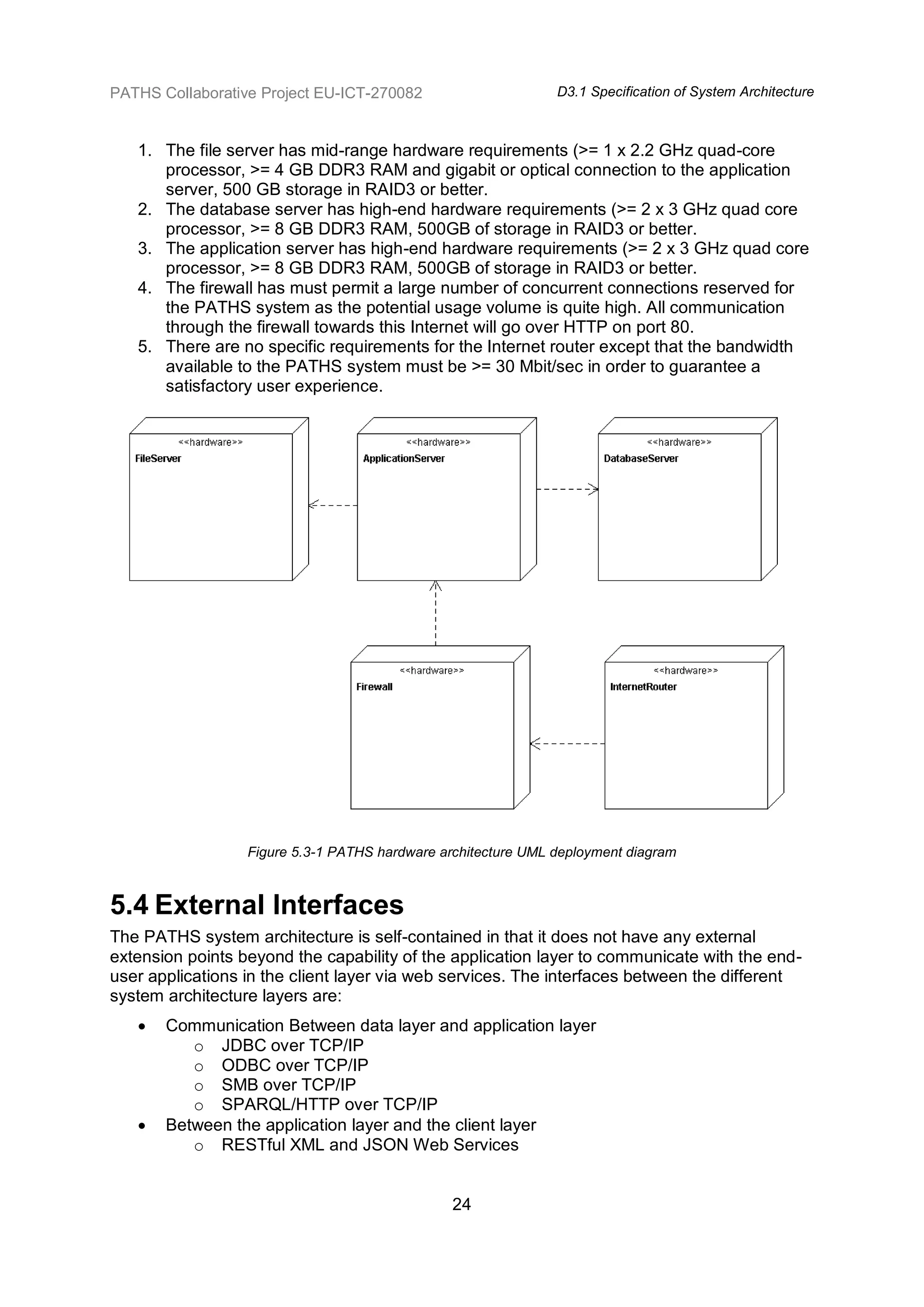 PATHS Collaborative Project EU-ICT-270082                      D3.1 Specification of System Architecture



   1. The file server has mid-range hardware requirements (>= 1 x 2.2 GHz quad-core
      processor, >= 4 GB DDR3 RAM and gigabit or optical connection to the application
      server, 500 GB storage in RAID3 or better.
   2. The database server has high-end hardware requirements (>= 2 x 3 GHz quad core
      processor, >= 8 GB DDR3 RAM, 500GB of storage in RAID3 or better.
   3. The application server has high-end hardware requirements (>= 2 x 3 GHz quad core
      processor, >= 8 GB DDR3 RAM, 500GB of storage in RAID3 or better.
   4. The firewall has must permit a large number of concurrent connections reserved for
      the PATHS system as the potential usage volume is quite high. All communication
      through the firewall towards this Internet will go over HTTP on port 80.
   5. There are no specific requirements for the Internet router except that the bandwidth
      available to the PATHS system must be >= 30 Mbit/sec in order to guarantee a
      satisfactory user experience.




                  Figure 5.3-1 PATHS hardware architecture UML deployment diagram



5.4 External Interfaces
The PATHS system architecture is self-contained in that it does not have any external
extension points beyond the capability of the application layer to communicate with the end-
user applications in the client layer via web services. The interfaces between the different
system architecture layers are:
      Communication Between data layer and application layer
          o JDBC over TCP/IP
          o ODBC over TCP/IP
          o SMB over TCP/IP
          o SPARQL/HTTP over TCP/IP
      Between the application layer and the client layer
          o RESTful XML and JSON Web Services


                                                24
 