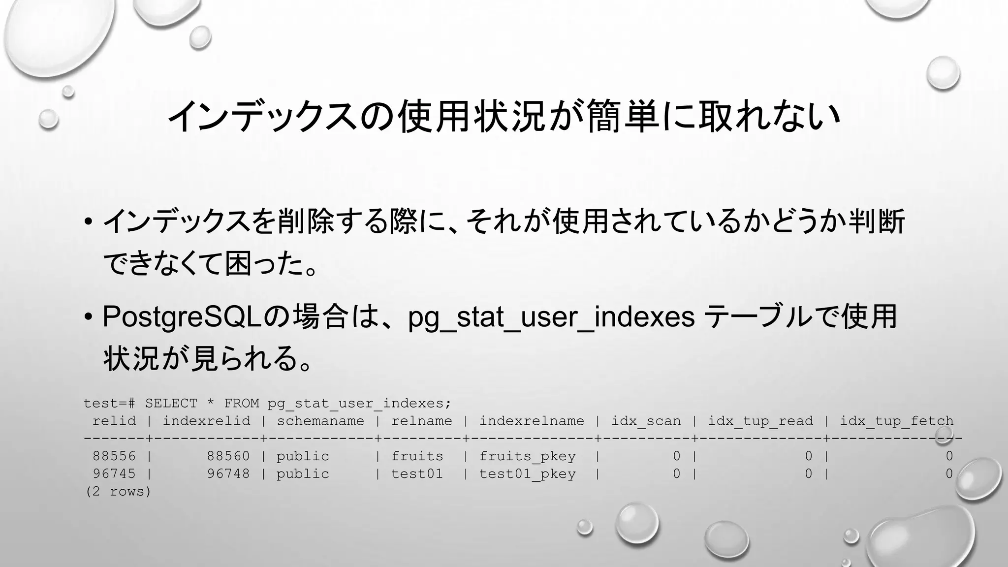 インデックスの使用状況が簡単に取れない
• インデックスを削除する際に、それが使用されているかどうか判断
できなくて困った。
• PostgreSQLの場合は、 pg_stat_user_indexes テーブルで使用
状況が見られる。
test=# SELECT * FROM pg_stat_user_indexes;
relid | indexrelid | schemaname | relname | indexrelname | idx_scan | idx_tup_read | idx_tup_fetch
-------+------------+------------+---------+--------------+----------+--------------+---------------
88556 | 88560 | public | fruits | fruits_pkey | 0 | 0 | 0
96745 | 96748 | public | test01 | test01_pkey | 0 | 0 | 0
(2 rows)
 