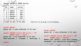 mysql> SELECT * FROM fruits;
+----+--------+-------+
| id | name | price |
+----+--------+-------+
| 1 | apple | 110 |
| 2 | peach | 120 |
| 3 | melon | 980 |
| 4 | banana | 100 |
| 5 | mango | 580 |
+----+--------+-------+
5 rows in set (0.00 sec)
mysql> BEGIN;
Query OK, 0 rows affected (0.00 sec)
mysql> UPDATE fruits SET price = '98’
WHERE name = 'apple';
Query OK, 1 row affected (0.00 sec)
Rows matched: 1 Changed: 1 Warnings: 0
mysql>
mysql> BEGIN;
Query OK, 0 rows affected (0.00 sec)
mysql> UPDATE fruits SET price = 110
WHERE name = 'banana';
ERROR 1205 (HY000): Lock wait timeout
exceeded; try restarting transaction
プライマリーキーは id 列、インデックスはなし。
 