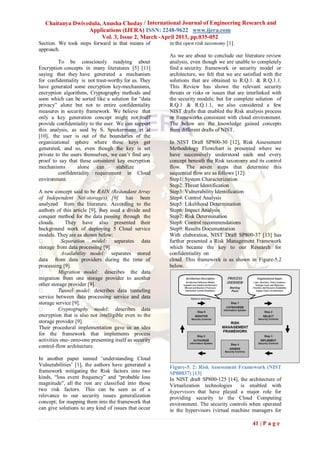 Chaitanya Dwivedula, Anusha Choday / International Journal of Engineering Research and
                  Applications (IJERA) ISSN: 2248-9622 www.ijera.com
                        Vol. 3, Issue 2, March -April 2013, pp.035-052
Section. We took steps forward in that means of          in the open risk taxonomy [1].
approach.
                                                         As we are about to conclude our literature review
         To be consciously readying about                analysis, even though we are unable to completely
Encryption concepts in many literatures [5] [11]         find a security framework or security model or
saying that they have generated a mechanism              architecture, we felt that we are satisfied with the
for confidentiality is not trust-worthy for us. They     solutions that are obtained to R.Q.1. & R.Q.1.1.
have generated some encryption key-mechanisms,           This Review has shown the relevant security
encryption algorithms, Cryptography methods and          threats or risks or issues that are interlinked with
soon which can be sorted like a solution for “data       the security models; but for complete solution of
privacy” alone but not to entire confidentiality         R.Q.1 & R.Q.1.1, we also considered a few
measures in security framework. We believe that          NIST drafts that enabled the Risk analysis process
only a key generation concept might not itself           or frameworks consistent with cloud environment.
provide confidentiality to the user. We can support      The below are the knowledge gained concepts
this analysis, as said by S. Spiekermann et al           from different drafts of NIST.
[10], the user is out of the boundaries of the
organizational sphere where these keys get               In NIST Draft SP800-30 [12], Risk Assessment
generated, and so, even though the key is set            Methodology Flowchart is presented where we
private to the users themselves, we can‟t find any       have successively understood each and every
proof to say that these consistent key encryption        concept beneath the Risk taxonomy and its control
mechanisms        alone can          stabilize           flow. The seven steps that determine this
         confidentiality requirement in Cloud            sequential flow are as follows [12]:
environment.                                             Step1: System Characterization
                                                         Step2: Threat Identification
A new concept said to be RAIN (Redundant Array           Step3: Vulnerability Identification
of Independent Net-storages) [9] has been                Step4: Control Analysis
analyzed from the literature. According to the           Step5: Likelihood Determination
authors of this article [9], they used a divide and      Step6: Impact Analysis
conquer method for the data passing through the          Step7: Risk Determination
clouds.      They have also presented their              Step8: Control recommendations
background work of deploying 5 Cloud service             Step9: Results Documentation
models. They are as shown below:                         With elaboration, NIST Draft SP800-37 [13] has
          Separation model: separates data              further presented a Risk Management Framework
storage from data processing [9].                        which became the key to our Research for
          Availability model: separates stored          confidentiality on
data from data providers during the time of              cloud. This framework is as shown in Figure-5.2
processing [9].                                          below.
         Migration model: describes the data
migration from one storage provider to another
other storage provider [9].
         Tunnel model: describes data tunneling
service between data processing service and data
storage service [9].
         Cryptography model: describes data
encryption that is also not intelligible even to the
storage provider [9].
Their procedural implementation gave us an idea
for the framework that implements process
activities one- onto-one presenting itself as security
control-flow architecture.

In another paper named „understanding Cloud
Vulnerabilities‟ [1], the authors have generated a       Figure-5. 2: Risk Assessment Framework (NIST
framework mitigating the Risk factors into two           SP80037) [13]
kinds, “loss event frequency” and “probable loss         In NIST draft SP800-125 [14], the architecture of
magnitude”, all the rest are classified into those       Virtualization technologies    is enabled with
two risk factors. This can be seen as of a               hypervisors that have played a major role for
relevance to our security issues generalization          providing security to the Cloud Computing
concept; for mapping them into the framework that        environment. The security controls when operated
can give solutions to any kind of issues that occur      in the hypervisors (virtual machine managers for

                                                                                               41 | P a g e
 