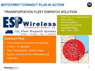 23
TRANSPORTATION FLEET DISPATCH SOLUTION
• Wide Area Coverage Solution
• One to Many
Communications
• Increase Productivity
• Increased Safety
• Talk – Text – GPS
Connect Plus
• >430 radios on the system and growing
• 4 Sites – 13 repeaters
• Fleet Transportation Vertical Target
• System connectivity thru Milwaukee and
Green Bay
MOTOTRBOTM
CONNECT PLUS IN ACTION
 
