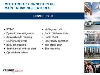 MOTOTRBO™ CONNECT PLUS
MAIN TRUNKING FEATURES
• PTT-ID
• Dynamic site assignment
• Automatic site roaming
• User priority levels
• Busy call queuing
• Selective call and call alert
• Optional man-down
• Multi-group call
• Radio disable/enable
• Radio check
• Emergency operation
• Talk group scan
• Site restriction
CONNECT PLUS
 