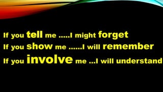 If you tell me …..I might forget
If you show me ……I will remember
If you involve me …I will understand
