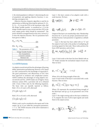 Implementing GA-ANFIS for Maximum Power Point Tracking in PV System
Indian Journal of Science and Technology984 Vol 8 (10) | May 2015 | www.indjst.org
2. the initial population is defined, 3. determining the size
of population and applying objective function, 4. con-
ducting convergence test.
Objective function of genetic algorithm is used for its
optimization as following: detecting the optimum X= (X1
,
X2
, X3
,..., Xn
) to put the F(X) in the maximum value, that
the design variable number is considered as 1. X is the
design variable equal to array current and also, F(X) is the
array output power which should be maximized22
. The
power should be arranged based on the array current (IX
)
to elect the objective function. The GA parameters have
been given in Table 2.
X(X) XF V *I=
..........................(2)
X SC0 I I< < .........................(3)
Table 2.  The parameters of GA
Design Variable Number 1
Size of population 20
Crossover constant 80%
Mutation rate 10%
Maximum Generations 20
3.2 ANFIS Systems
An adaptive neural network has the advantages of learning
ability, optimization and balancing. However, a FLC based
on rules constructed by the knowledge of experts20,21.
The good performance and effectiveness of FLC have
been approved in nonlinear and complicated systems.
ANFIS combines the advantages of using adaptive neu-
ral network and FLC. ANFIS makes use of Sugeno. Fuzzy
inference system (FIS), a prevalent rule set is obtained
with 2 fuzzy if-then rules by the following Equations.
The fuzzy rules can typically reported as follows:
Rule 1: If x is A1 and y is B1; afterward
1 1 1 1= + +f p x q y r (4)
Rule 2: If x is A2 and y is B2; afterward
2 2 2 2= + +f p x q y r (5)
Which x and y can be considered as the inputs and f is the
output. [pi, qi, ri] are called the consequent parameters,
i = 1, 2.. The ANFIS structure of the above statements is
shown in Figure 2.
Layer 1: this layer consists of an adaptive node with a
node function. We have:
Output of this layer is its membership value. Membership
functions for A can be any proper parameterized mem-
bership function. Each parameter is regarded as a default
parameter.
Layer 2: this layer has been called with an “n” and
the output of each node is the product of multiplying all
incoming signals for that node. These nodes perform the
fuzzy AND operation, and we have:
Layer 3: Each node in this layer has been labeled with an
“N”. Nodes calculate the normalized output of each rule.
Then we have:
3,
1 2
1,2= = =
+
i
i i
W
Q w i
W W (9)
Where, Wi is the firing strength of that rule.
Layer 4: Each node in this layer is associated with a node
function. Then we have:
( )4, = = + +i i i i i i iQ w f w p x q y r
(10)
Where, Wi represents the normalized firing strength of
the third layer and {pi, qi, ri} are parameters sets of the
node i.
Layer 5: The single existing node in this layer is labeled as
Σ. It computes the sum of all its input signals and sends
them to the output section.
5, = =
∑
∑
∑
i ii
i i i
i ii
w f
Q w f
w
(11)
 