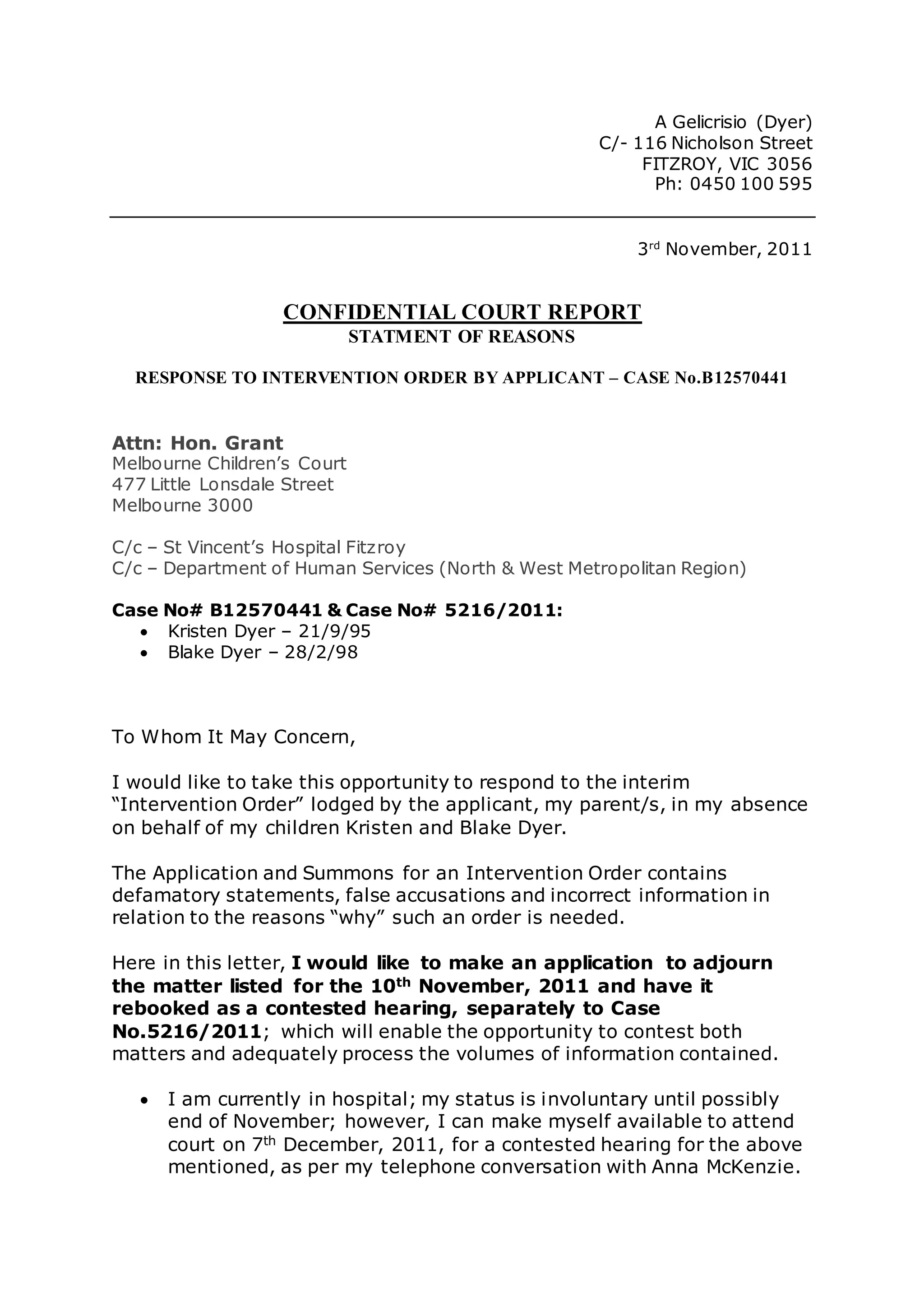 Intervention Order Response and Adjournment for 10Nov2011 PDF