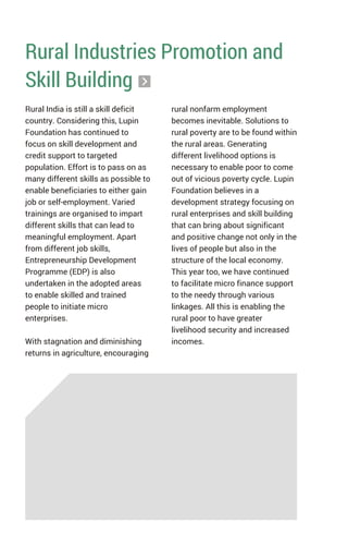 Rural Industries Promotion and
Skill Building
Rural India is still a skill deficit
country. Considering this, Lupin
Foundation has continued to
focus on skill development and
credit support to targeted
population. Effort is to pass on as
many different skills as possible to
enable beneficiaries to either gain
job or self-employment. Varied
trainings are organised to impart
different skills that can lead to
meaningful employment. Apart
from different job skills,
Entrepreneurship Development
Programme (EDP) is also
undertaken in the adopted areas
to enable skilled and trained
people to initiate micro
enterprises.
With stagnation and diminishing
returns in agriculture, encouraging
rural nonfarm employment
becomes inevitable. Solutions to
rural poverty are to be found within
the rural areas. Generating
different livelihood options is
necessary to enable poor to come
out of vicious poverty cycle. Lupin
Foundation believes in a
development strategy focusing on
rural enterprises and skill building
that can bring about significant
and positive change not only in the
lives of people but also in the
structure of the local economy.
This year too, we have continued
to facilitate micro finance support
to the needy through various
linkages. All this is enabling the
rural poor to have greater
livelihood security and increased
incomes.
 