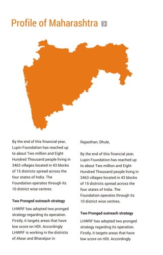 Profile of Maharashtra
By the end of this financial year,
Lupin Foundation has reached up
to about Two million and Eight
Hundred Thousand people living in
3463 villages located in 43 blocks
of 15 districts spread across the
four states of India. The
Foundation operates through its
10 district wise centres.
Two Pronged outreach strategy
LHWRF has adopted two pronged
strategy regarding its operation.
Firstly, it targets areas that have
low score on HDI. Accordingly
LHWRF is working in the districts
of Alwar and Bharatpur in
Rajasthan; Dhule,
By the end of this financial year,
Lupin Foundation has reached up
to about Two million and Eight
Hundred Thousand people living in
3463 villages located in 43 blocks
of 15 districts spread across the
four states of India. The
Foundation operates through its
10 district wise centres.
Two Pronged outreach strategy
LHWRF has adopted two pronged
strategy regarding its operation.
Firstly, it targets areas that have
low score on HDI. Accordingly
 