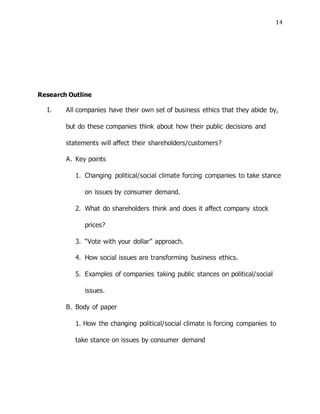 14
Research Outline
I. All companies have their own set of business ethics that they abide by,
but do these companies think about how their public decisions and
statements will affect their shareholders/customers?
A. Key points
1. Changing political/social climate forcing companies to take stance
on issues by consumer demand.
2. What do shareholders think and does it affect company stock
prices?
3. “Vote with your dollar” approach.
4. How social issues are transforming business ethics.
5. Examples of companies taking public stances on political/social
issues.
B. Body of paper
1. How the changing political/social climate is forcing companies to
take stance on issues by consumer demand
 