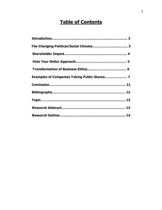 2
Table of Contents
Introduction…………………………………………………………….. 3
The Changing Political/Social Climate…………………………… 3
Shareholder Impact………………………………………………….. 4
Vote Your Dollar Approach………………………………………… 5
Transformation of Business Ethics………………………………. 6
Examples of Companies Taking Public Stance………………… 7
Conclusion……………………………………………………………… 11
Bibliography…………………………………………………………… 12
Topic…………………………………………………………………….. 13
Research Abstract…………………………………………………… 13
Research Outline…………………………………………………….. 14
 