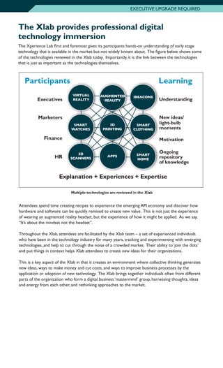 The Xlab provides professional digital
technology immersion
The Xperience Lab first and foremost gives its participants hands-on understanding of early stage
technology that is available in the market but not widely known about. The figure below shows some
of the technologies reviewed in the Xlab today. Importantly, it is the link between the technologies
that is just as important as the technologies themselves.
Multiple technologies are reviewed in the Xlab
Participants
Executives
Marketers
Finance
HR
Learning
Understanding
New ideas/
light-bulb
moments
Motivation
Ongoing
repository
of knowledge
Explanation + Experiences + Expertise
3D
PRINTING
VIRTUAL
REALITY
AUGMENTED
REALITY
IBEACONS
SMART
WATCHES
SMART
CLOTHING
3D
SCANNERS
SMART
HOME
APPS
Attendees spend time creating recipes to experience the emerging API economy and discover how
hardware and software can be quickly remixed to create new value. This is not just the experience
of wearing an augmented reality headset, but the experience of how it might be applied. As we say,
“It’s about the mindset not the headset”.
Throughout the Xlab, attendees are facilitated by the Xlab team – a set of experienced individuals
who have been in the technology industry for many years, tracking and experimenting with emerging
technologies, and help to cut through the noise of a crowded market. Their ability to ‘join the dots’
and put things in context helps Xlab attendees to create new ideas for their organizations.
This is a key aspect of the Xlab in that it creates an environment where collective thinking generates
new ideas, ways to make money and cut costs, and ways to improve business processes by the
application or adoption of new technology. The Xlab brings together individuals often from different
parts of the organization who form a digital business ‘mastermind’ group, harnessing thoughts, ideas
and energy from each other, and rethinking approaches to the market.
EXECUTIVE UPGRADE REQUIRED
 
