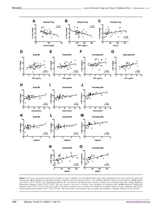 Figure 5 Cell count associations with serum markers of type 2 diabetes risk and inflammation. Raw values displayed and all cell counts are natural log
transformed. (A–C) Significant relationship between omental Tregs and glucose, MCP-1, and HOMA-b (fasting marker of b-cell function). (D–G) Signifi-
cant CD451
CD141
CD1632
-M1 relationships between M1 cell counts in all depots (subQ, DsubQ, omental, and circulation) and TNF-a. (H–J) Significant
relationship between CD451
CD141
CD1631
-M2 cell counts in the subQ, omentum, and circulation and fasting insulin. (K–M) Significant relationship
between CD451
CD141
CD1631
-M2 cell counts in the subQ, omentum, and circulation and HOMA-IR, a fasting marker of insulin resistance. (N, O) Sig-
nificant relationship between CD451
CD141
CD1631
-M2 cell counts in the omentum and circulation and HOMA-b, a fasting marker of b-cell function.
Obesity Lower Omental Tregs and Type 2 Diabetes Risk Gyllenhammer et al.
1280 Obesity | VOLUME 24 | NUMBER 6 | JUNE 2016 www.obesityjournal.org
 