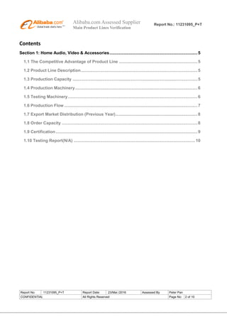 Alibaba.com Assessed Supplier
Main Product Lines Verification
Report No.: 11231095_P+T
Report No: 11231095_P+T Report Date: 23/Mar./2016 Assessed By Peter Pan
CONFIDENTIAL All Rights Reserved Page No: 2 of 10
Contents
Section 1: Home Audio, Video & Accessories..........................................................................5
1.1 The Competitive Advantage of Product Line ..................................................................5
1.2 Product Line Description..................................................................................................5
1.3 Production Capacity .........................................................................................................5
1.4 Production Machinery.......................................................................................................6
1.5 Testing Machinery.............................................................................................................6
1.6 Production Flow ................................................................................................................7
1.7 Export Market Distribution (Previous Year).....................................................................8
1.8 Order Capacity ..................................................................................................................8
1.9 Certification .......................................................................................................................9
1.10 Testing Report(N/A) ......................................................................................................10
 