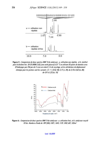 356 Afrique SCIENCE 11(6) (2015) 349 - 358
Loai ALJERF
Figure 5 : Comparaison de deux spectres RMN 1
H du catalyseur : a. utilisation non répétée, et b. réutilisé
pour la dixième fois. SB-CD (400M, D2O), (une unité glucose) à 25 °C en utilisant 2K points de données avec
32 balayages par 256 pas de t1 avec un retard 1.5s de recyclage, où les attributions de déplacement
chimique pour les protons sont les suivants : δ = 1,53 (d, 4H), 2,71 (s, 2H), de 3,10 à 3,62 (m, 8H),
de 4,91 à 5,25 (m, 1H)
Figure 6 : Comparaison de deux spectres RMN 1
H du catalyseur : a. utilisation frais, et b. catalyseur recyclé
10 fois. Nombres d'onde de IRTF (KBr): 3421, 1644, 1159, 1043, 607, 533cm-1
 