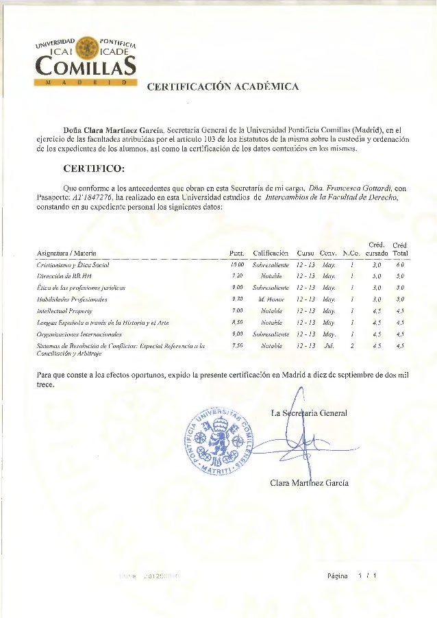 Certificado académico de Francesca Gottardi Certificado académico de Francesca Gottardi
