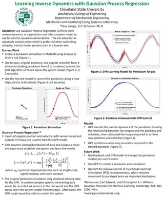 Figure 2: GPR Learning Model for Pendulum Torque
Figure 3: Positions Achieved with GPR Control
Learning Inverse Dynamics with Gaussian Process Regression
Cleveland State University
Washkewicz College of Engineering
Department of Mechanical Engineering
Mechanics and Control of Living Systems Laboratory
Titus Lungu, Eric Schearer Ph.D.
Objective: Use Gaussian Process Regression (GPR) to learn
inverse dynamics of a pendulum and infer a system model to
use for control, based on observations. This can allow for an
adaptable control policy which is preferred when controlling
complex, hard to model systems such as a human arm.
Current Work
 Create a pendulum simulation in MATLAB using torques to
drive a rod (Figure 1).
 Use torques, angular positions, and angular velocities from a
simulation (taking pendulum from 0 to π radians) to train the
GPR algorithm so that it learns the system model (Figure 2, 0-
3 seconds).
 Use the learned model to control the pendulum along a new
trajectory (π to 0 radians) (Figure 3, 3-6 seconds).
Figure 1: Pendulum Simulation
Gaussian Process Regression1, 2
 Inputs of angular position and velocity (with sensor noise) and
outputs of torque are used to train this GPR model.
 GPR assumes normal distribution of data and assigns a mean
and covariance to define the system and learn the model:
𝑓 𝑥1
, … , 𝑓 𝑥 𝑛
~ ࣨ 𝜇, 𝛴
Σ = 𝐶 𝑥 𝑝
, 𝑥 𝑞
= exp −
1
2
𝑑=1
𝐷
𝑥 𝑑
𝑝
− 𝑥 𝑑
𝑞 2
𝑤 𝑑
2 ,
where wd represents hyperparameters such as length scale,
signal variance, and noise variance
 The original pendulum simulation only produces training data
for the GPR. In a more complex system, the training data
would be recorded via sensors in the real world and the GPR
would learn the system model from this data. Afterwards, the
GPR model would be able to control the system.
Results
 GPR learned the inverse dynamics of the pendulum by using
the relationship between the torques and the positions and
velocities, then calculated the torque required to achieve
new positions and velocities (Figure 2).
 GPR predictions were very accurate compared to the
desired positions (Figure 3).
Future Work
 Use feedback and GPR model to change the pendulum
motion per user’s intent.
 Use GPR to control a computer arm simulation.
 Use GPR to improve control of Functional Electrical
Stimulation (FES) neuroprosthesis, which restores
movement to paralyzed arms via implanted electrodes.
1Rasmussen, Carl Edward., and Christopher K. I. Williams.
Gaussian Processes for Machine Learning. Cambridge, MA: MIT,
2006. Print.
2www.gaussianprocesses.org
 