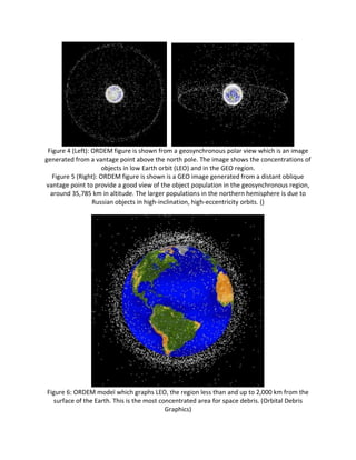 Figure 4 (Left): ORDEM figure is shown from a geosynchronous polar view which is an image
generated from a vantage point above the north pole. The image shows the concentrations of
objects in low Earth orbit (LEO) and in the GEO region.
Figure 5 (Right): ORDEM figure is shown is a GEO image generated from a distant oblique
vantage point to provide a good view of the object population in the geosynchronous region,
around 35,785 km in altitude. The larger populations in the northern hemisphere is due to
Russian objects in high-inclination, high-eccentricity orbits. ()
Figure 6: ORDEM model which graphs LEO, the region less than and up to 2,000 km from the
surface of the Earth. This is the most concentrated area for space debris. (Orbital Debris
Graphics)
 