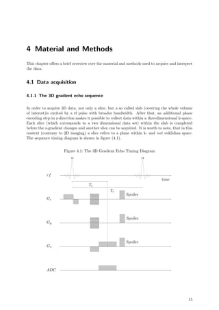 4 Material and Methods
This chapter oﬀers a brief overview over the material and methods used to acquire and interpret
the data.
4.1 Data acquisition
4.1.1 The 3D gradient echo sequence
In order to acquire 3D data, not only a slice, but a so called slab (covering the whole volume
of interest)is excited by a rf pulse with broader bandwidth. After that, an additional phase
encoding step in z-direction makes it possible to collect data within a threedimensional k-space.
Each slice (which corresponds to a two dimensional data set) within the slab is completed
before the z-gradient changes and another slice can be acquired. It is worth to note, that in this
context (contrary to 2D imaging) a slice refers to a plane within k- and not euklidian space.
The sequence timing diagram is shown in ﬁgure (4.1).
Figure 4.1: The 3D Gradient Echo Timing Diagram
α
rf
Te
Gz
Tr
α
Spoiler
Gy
Spoiler
Gx
ADC
Spoiler
time
15
 
