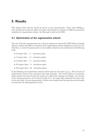 5 Results
This chapter deals with the results of various in-vivo measurements. Three values MTRasym
were summed up around the oﬀset of 3.5 ppm and plotted as a function of diﬀerent parameters
including the segmentation scheme, the ﬂip angle as well as the SNR.
5.1 Optimization of the segmentation scheme
The aim of the ﬁrst measurement was to ﬁnd an optimum in observable CEST eﬀects including
Amines, Amides and NOE as a function of the segmentation scheme explained in section (4.1.2).
Therefore, a total of 6 measurements on two healthy volunteers were performed in the following
steps:
• 2 k-space lines / 1 saturation pulse
• 4 k-space lines / 2 saturation pulses
• 8 k-space lines / 4 saturation pulses
• 16 k-space lines / 8 saturation pulses
• 32 k-space lines / 16 saturation pulses
In the following, the segmentation schemes will be given by the tupel (nk/np). The 8/4 and 4/2
segmentation schemes were measured with both probands. The overall number of saturation
pulses remains the same because the number of readout lines changes accordingly. An overview
of the chosen parameters can be found in table (5.1). An empty ﬁeld represents the same value
as the one before. In each measurement, 16 slices were acquired and the spectrum was internally
corrected for B0 inhomogeneities (4.3.2).
21
 