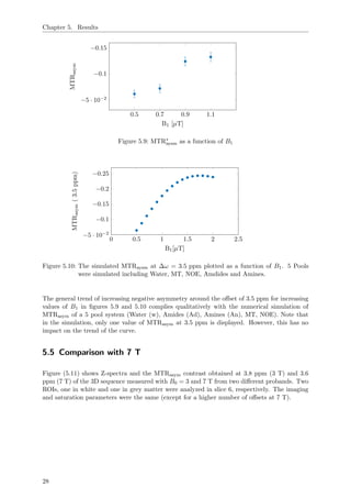 Chapter 5. Results
0.5 0.7 0.9 1.1
−0.15
−0.1
−5 · 10−2
B1 [µT]
MTRasym
Figure 5.9: MTR∗
aysm as a function of B1
0 0.5 1 1.5 2 2.5
−0.25
−0.2
−0.15
−0.1
−5 · 10−2
B1[µT]
MTRasym(3.5ppm)
Figure 5.10: The simulated MTRaysm at ∆ω = 3.5 ppm plotted as a function of B1. 5 Pools
were simulated including Water, MT, NOE, Amdides and Amines.
The general trend of increasing negative asymmetry around the oﬀset of 3.5 ppm for increasing
values of B1 in ﬁgures 5.9 and 5.10 complies qualitatively with the numerical simulation of
MTRasym of a 5 pool system (Water (w), Amides (Ad), Amines (An), MT, NOE). Note that
in the simulation, only one value of MTRasym at 3.5 ppm is displayed. However, this has no
impact on the trend of the curve.
5.5 Comparison with 7 T
Figure (5.11) shows Z-spectra and the MTRasym contrast obtained at 3.8 ppm (3 T) and 3.6
ppm (7 T) of the 3D sequence measured with B0 = 3 and 7 T from two diﬀerent probands. Two
ROIs, one in white and one in grey matter were analyzed in slice 6, respectively. The imaging
and saturation parameters were the same (except for a higher number of oﬀsets at 7 T).
28
 
