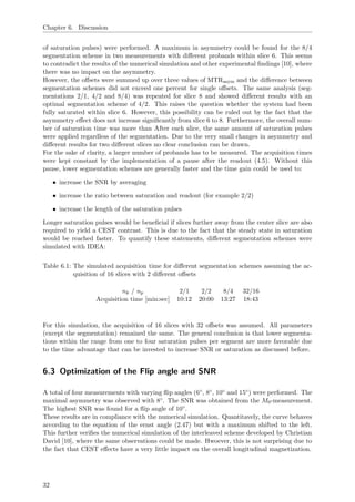 Chapter 6. Discussion
of saturation pulses) were performed. A maximum in asymmetry could be found for the 8/4
segmentation scheme in two measurements with diﬀerent probands within slice 6. This seems
to contradict the results of the numerical simulation and other experimental ﬁndings [10], where
there was no impact on the asymmetry.
However, the oﬀsets were summed up over three values of MTRasym and the diﬀerence between
segmentation schemes did not exceed one percent for single oﬀsets. The same analysis (seg-
mentations 2/1, 4/2 and 8/4) was repeated for slice 8 and showed diﬀerent results with an
optimal segmentation scheme of 4/2. This raises the question whether the system had been
fully saturated within slice 6. However, this possibility can be ruled out by the fact that the
asymmetry eﬀect does not increase signiﬁcantly from slice 6 to 8. Furthermore, the overall num-
ber of saturation time was more than After each slice, the same amount of saturation pulses
were applied regardless of the segmentation. Due to the very small changes in asymmetry and
diﬀerent results for two diﬀerent slices no clear conclusion can be drawn.
For the sake of clarity, a larger number of probands has to be measured. The acquisition times
were kept constant by the implementation of a pause after the readout (4.5). Without this
pause, lower segmentation schemes are generally faster and the time gain could be used to:
• increase the SNR by averaging
• increase the ratio between saturation and readout (for example 2/2)
• increase the length of the saturation pulses
Longer saturation pulses would be beneﬁcial if slices further away from the center slice are also
required to yield a CEST contrast. This is due to the fact that the steady state in saturation
would be reached faster. To quantify these statements, diﬀerent segmentation schemes were
simulated with IDEA:
Table 6.1: The simulated acquisition time for diﬀerent segmentation schemes assuming the ac-
quisition of 16 slices with 2 diﬀerent oﬀsets
nk / np 2/1 2/2 8/4 32/16
Acquisition time [min:sec] 10:12 20:00 13:27 18:43
For this simulation, the acquisition of 16 slices with 32 oﬀsets was assumed. All parameters
(except the segmentation) remained the same. The general conclusion is that lower segmenta-
tions within the range from one to four saturation pulses per segment are more favorable due
to the time advantage that can be invested to increase SNR or saturation as discussed before.
6.3 Optimization of the Flip angle and SNR
A total of four measurements with varying ﬂip angles (6◦, 8◦, 10◦ and 15◦) were performed. The
maximal asymmetry was observed with 8◦. The SNR was obtained from the M0-measurement.
The highest SNR was found for a ﬂip angle of 10◦.
These results are in compliance with the numerical simulation. Quantitavely, the curve behaves
according to the equation of the ernst angle (2.47) but with a maximum shifted to the left.
This further veriﬁes the numerical simulation of the interleaved scheme developed by Christian
David [10], where the same observations could be made. Hwoever, this is not surprising due to
the fact that CEST eﬀects have a very little impact on the overall longitudinal magnetization.
32
 