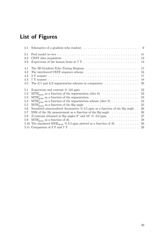 List of Figures
2.1 Schematics of a gradient echo readout . . . . . . . . . . . . . . . . . . . . . . . . 9
3.1 Pool model in-vivo . . . . . . . . . . . . . . . . . . . . . . . . . . . . . . . . . . . 11
3.2 CEST data acquisition . . . . . . . . . . . . . . . . . . . . . . . . . . . . . . . . . 13
3.3 Z-spectrum of the human brain at 7 T . . . . . . . . . . . . . . . . . . . . . . . . 14
4.1 The 3D Gradient Echo Timing Diagram . . . . . . . . . . . . . . . . . . . . . . . 15
4.2 The interleaved CEST sequence scheme . . . . . . . . . . . . . . . . . . . . . . . 16
4.3 3 T scanner . . . . . . . . . . . . . . . . . . . . . . . . . . . . . . . . . . . . . . . 17
4.4 7 T scanner . . . . . . . . . . . . . . . . . . . . . . . . . . . . . . . . . . . . . . . 18
4.5 The 2/1 and 4/2 segmentation schemes in comparison . . . . . . . . . . . . . . . 20
5.1 Z-spectrum and contrast @ -3.6 ppm . . . . . . . . . . . . . . . . . . . . . . . . . 22
5.2 MTRasym as a function of the segmentation (slice 6) . . . . . . . . . . . . . . . . 23
5.3 MTR∗
aysm as a function of the segmentation . . . . . . . . . . . . . . . . . . . . . 24
5.4 MTR∗
aysm as a function of the segmentation scheme (slice 8) . . . . . . . . . . . . 24
5.5 MTR∗
aysm as a function of the ﬂip angle . . . . . . . . . . . . . . . . . . . . . . . 25
5.6 Simulated unnormalized Asymmetry @ 3.5 ppm as a function of the ﬂip angle . . 26
5.7 SNR of the M0 measurement as a function of the ﬂip angle . . . . . . . . . . . . 26
5.8 Z-contrast obtained at ﬂip angles 8◦ and 10◦ @ -3.8 ppm . . . . . . . . . . . . . 27
5.9 MTR∗
aysm as a function of B1 . . . . . . . . . . . . . . . . . . . . . . . . . . . . . 28
5.10 The simulated MTRaysm @ 3.5 ppm plotted as a function of B1 . . . . . . . . . . 28
5.11 Comparison of 3 T and 7 T . . . . . . . . . . . . . . . . . . . . . . . . . . . . . . 29
39
 