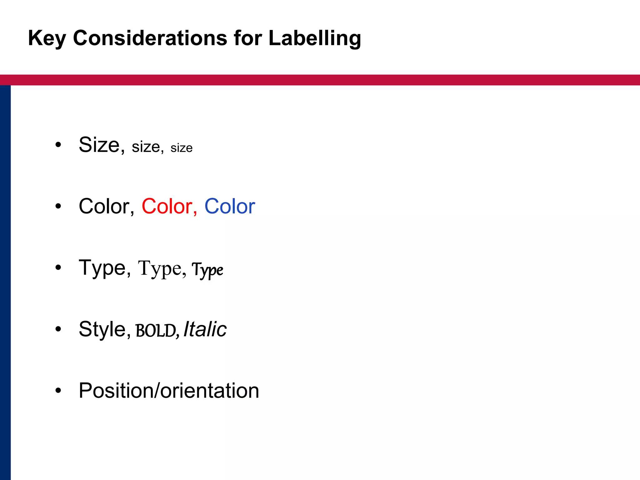 Key Considerations for Labelling
• Size, size, size
• Color, Color, Color
• Type, Type, Type
• Style, BOLD, Italic
• Position/orientation
 